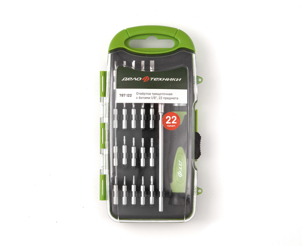 Отвёртка трещоточная для точных работ с битами 1/8' 22 предмtnf ДелоТехники 787122